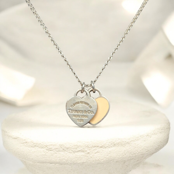 Tiffany & Co. Please Return To 925 Sterling Silver Double Heart Pendant Necklace